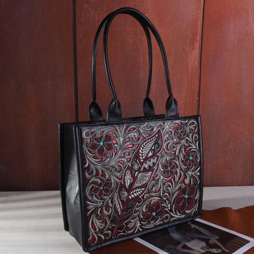 Montana West Black Tote with Red and Turquoise Floral Embroidery—New - Picture 1 of 7